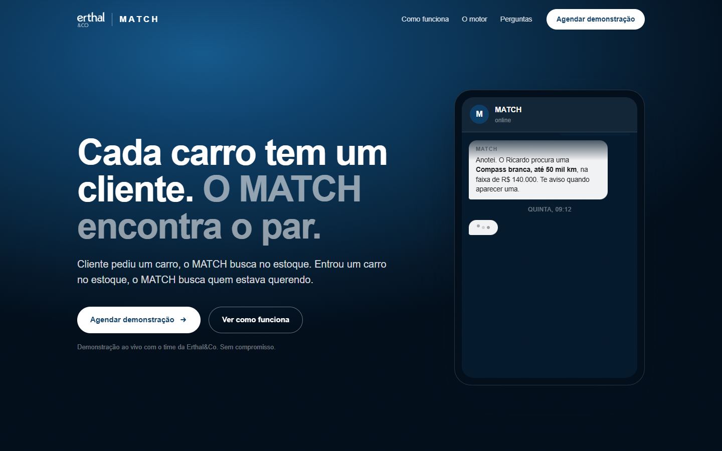 Página do MATCH, o motor de match para revendas